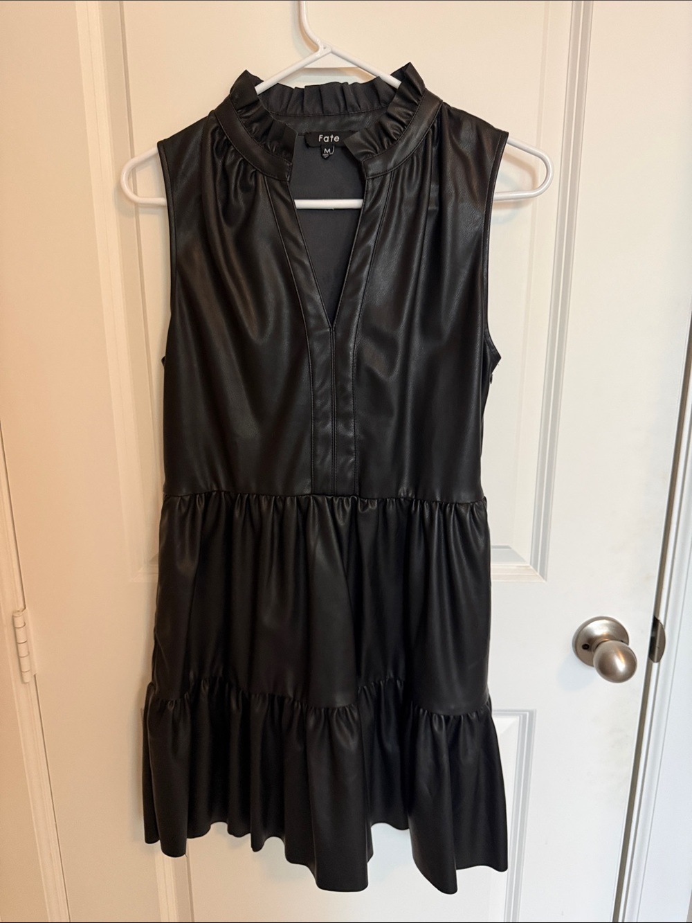 Fate Black Faux Leather Tiered Sleeveless Mini Dress - Size Medium